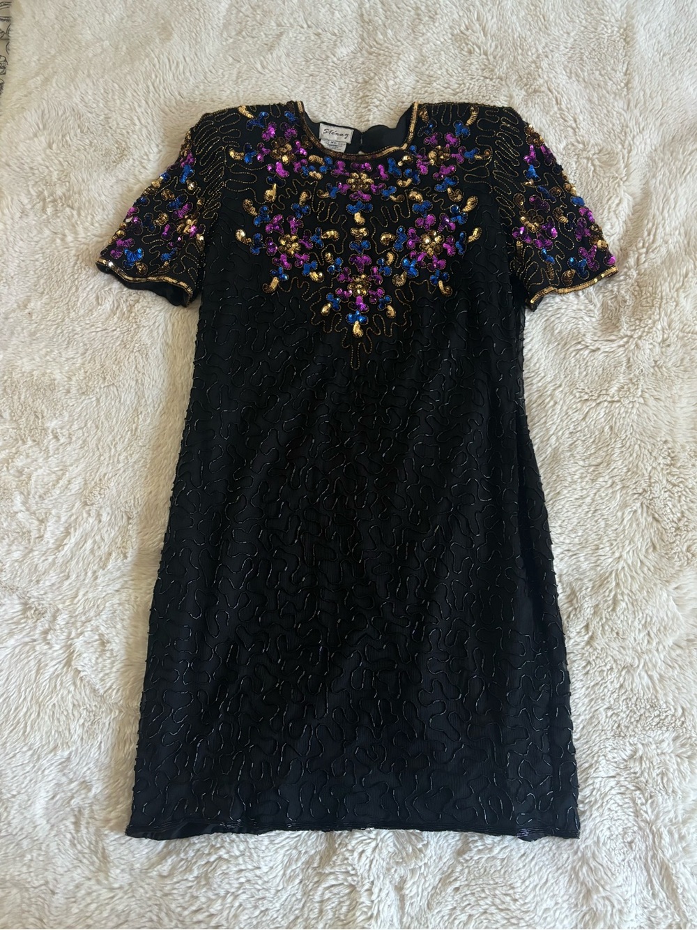 VTG Stenay Beaded Sequin Black Short Sleeve Mini Dress